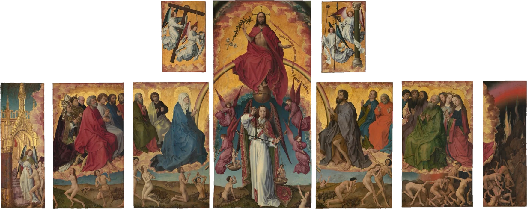 Rogier van der Weyden, retable du Jugement dernier de Beaune : au centre, le Christ juge au-dessus de l’archange Michel tenant la balance des âmes ; à gauche les bienheureux, à droite les damnés.