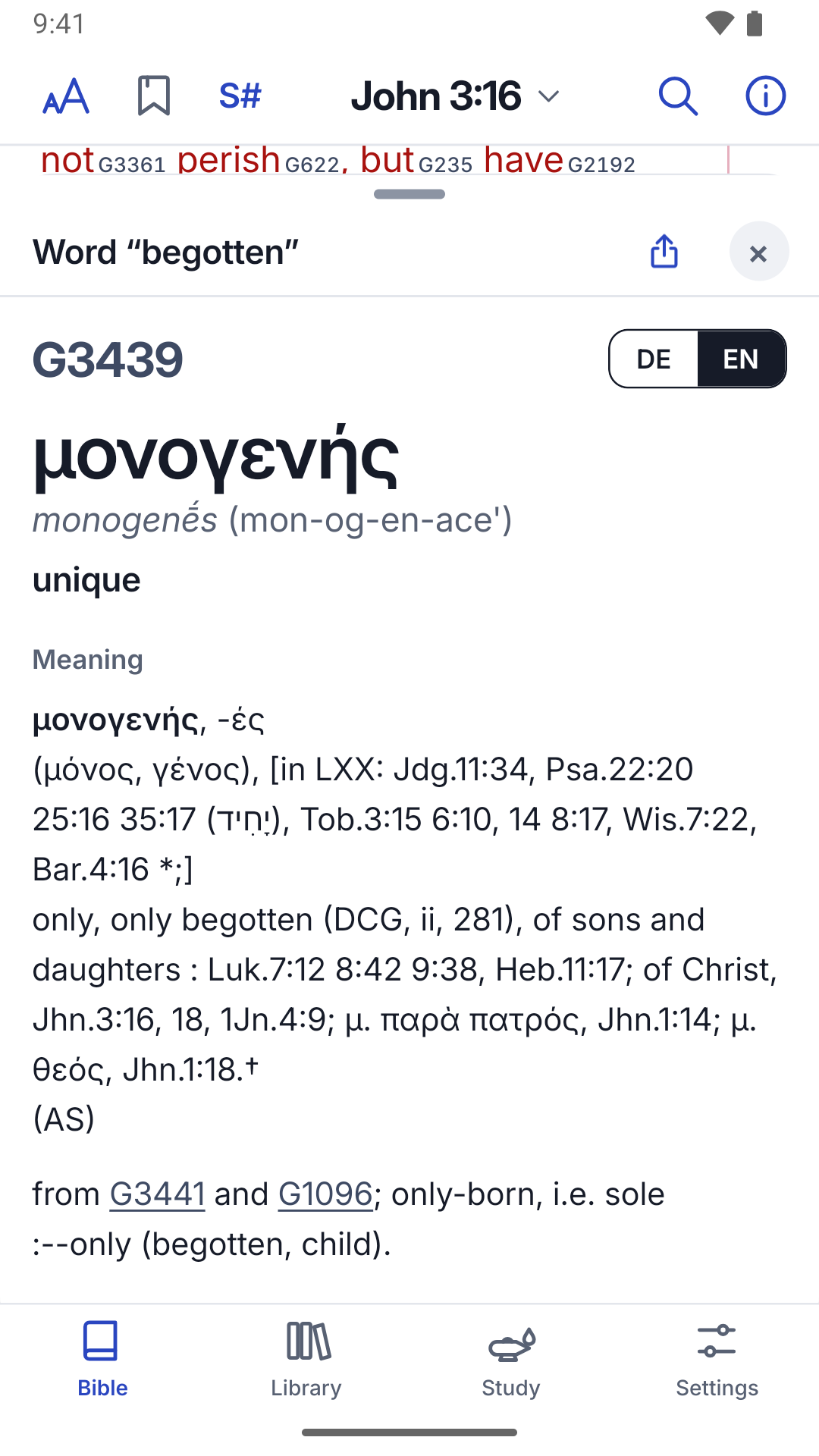 Lexicon entry for “begotten”, the Greek word monogenēs (G3439)
